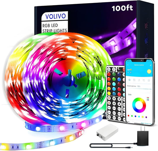 100Ft Led Strip Lights for Bedroom, Color Changing Led Light Strips Kit with 24 Keys IR Remote and Smart App Control, RGB Music Sync Lighting for Room, Home Decor